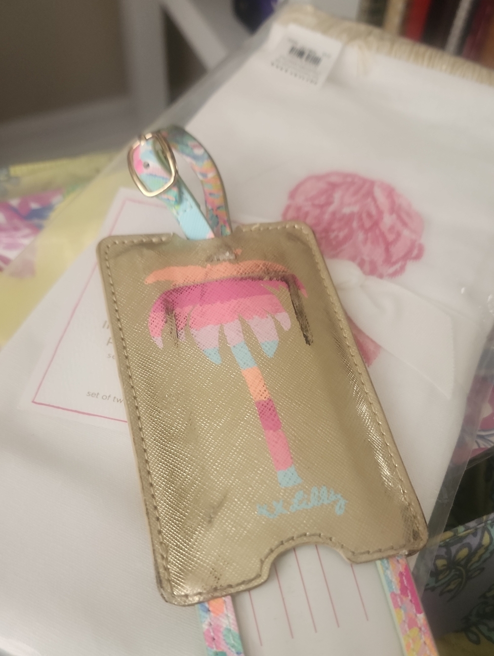 Lilly Pulitzer Gold Palm Tree Card Holder with Pink & Blue Accents